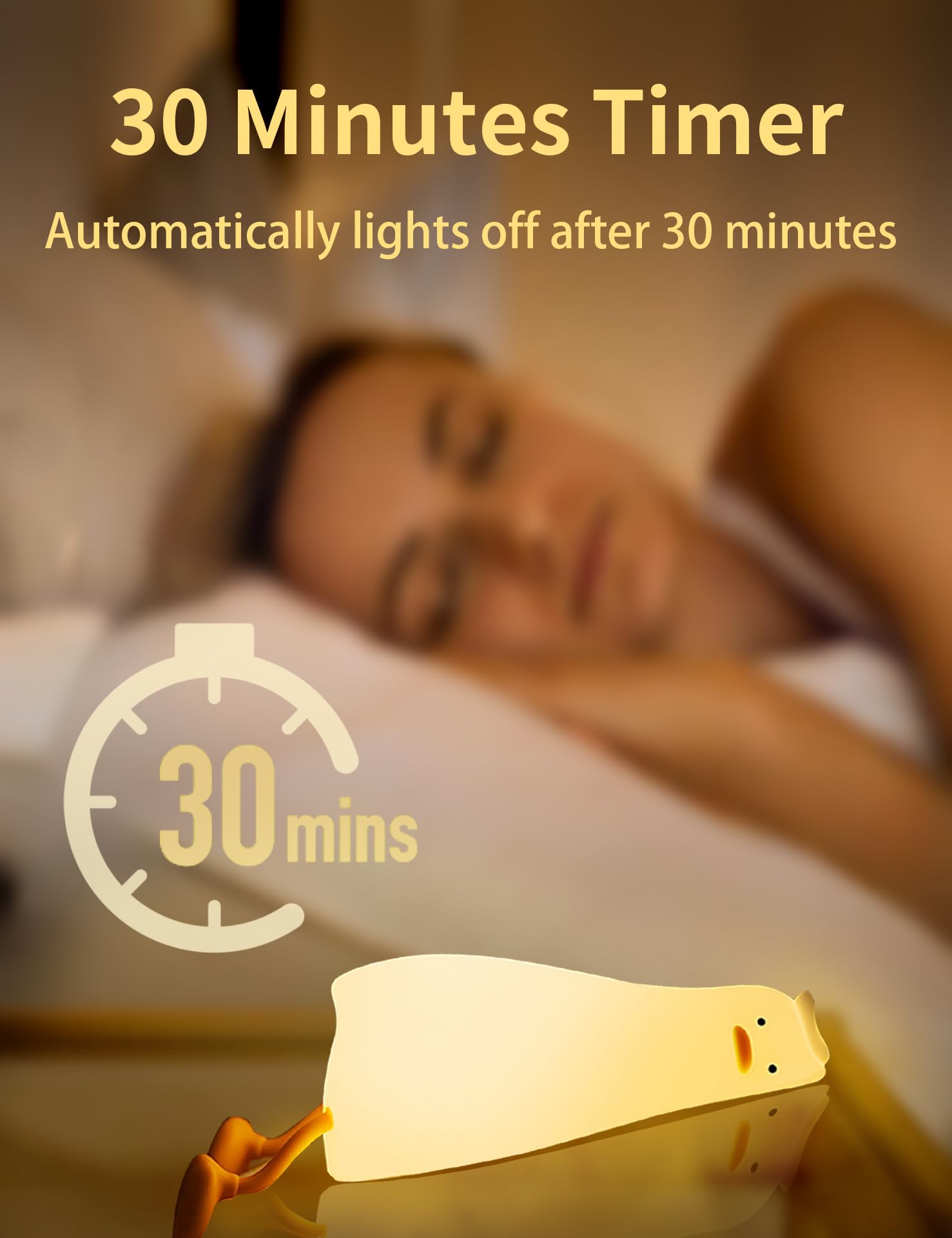 BemeedLigt duck lamp showing three brightness levels for soft bedtime lighting.