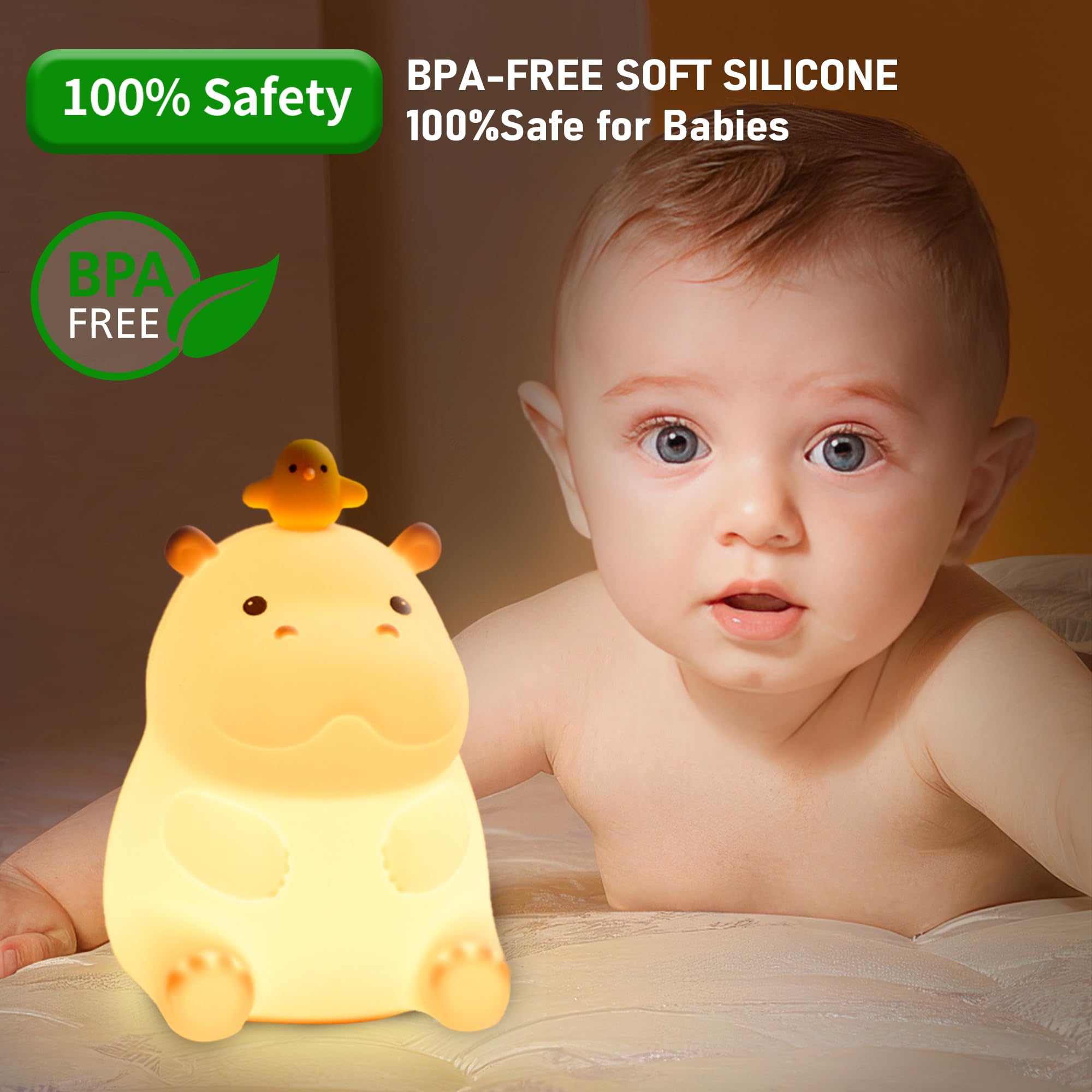 BemeedLigt Hippo Night Light touch sensor provides easy control during late-night feeding.