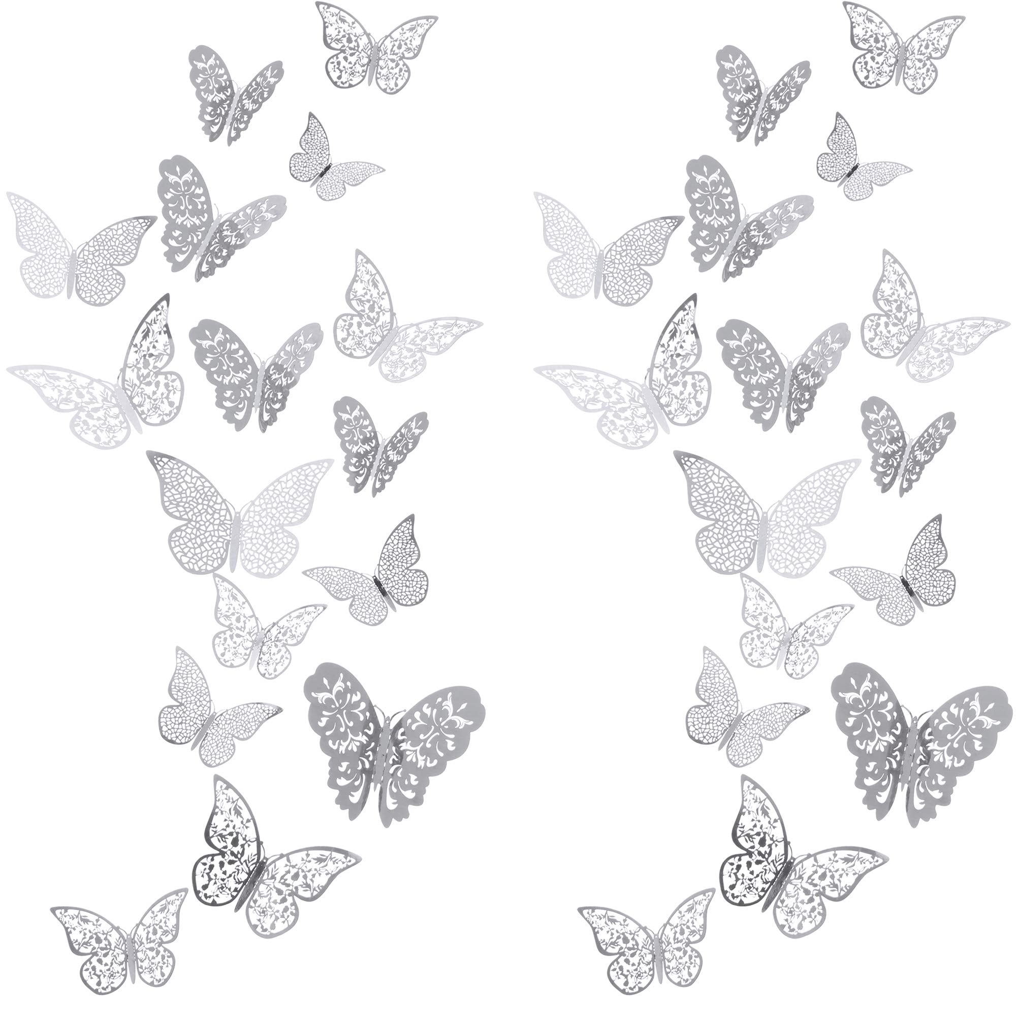 Bememo three sizes butterfly wall stickers in silver bring depth and sparkle.