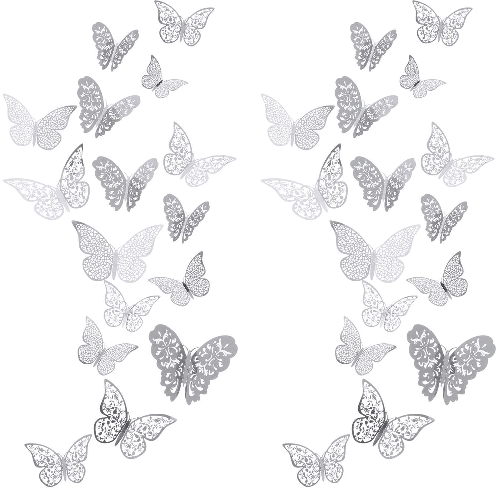 Bememo three sizes butterfly wall stickers in silver bring depth and sparkle.