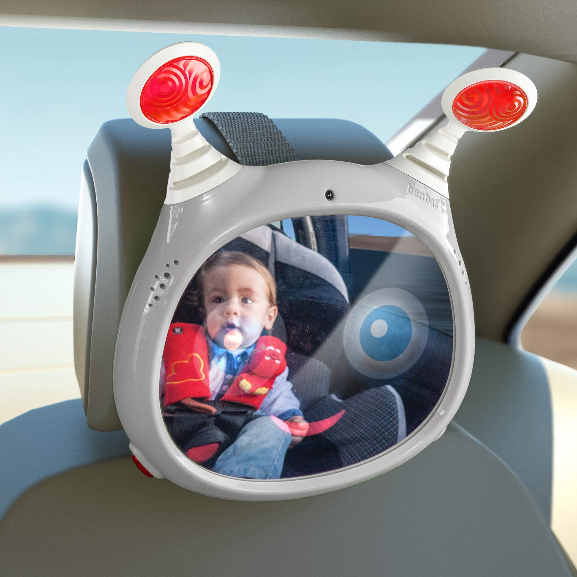 BENBAT OLY Active Car Mirror grey shows baby's face clearly for easy monitoring.