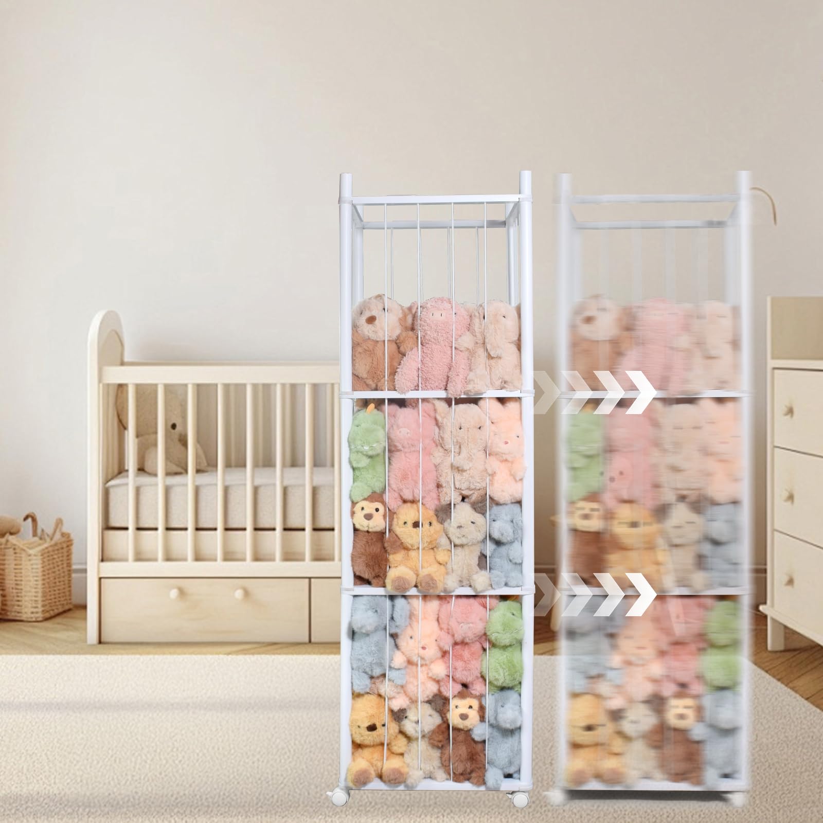 BENCHRY stuffed animal storage side view demonstrates sturdy frame ideal for kids' rooms.