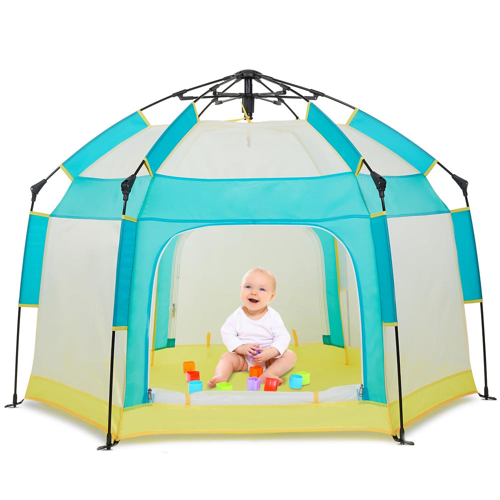 Bend River Baby Playpen canopy setup protects infant from sun during outdoor use.