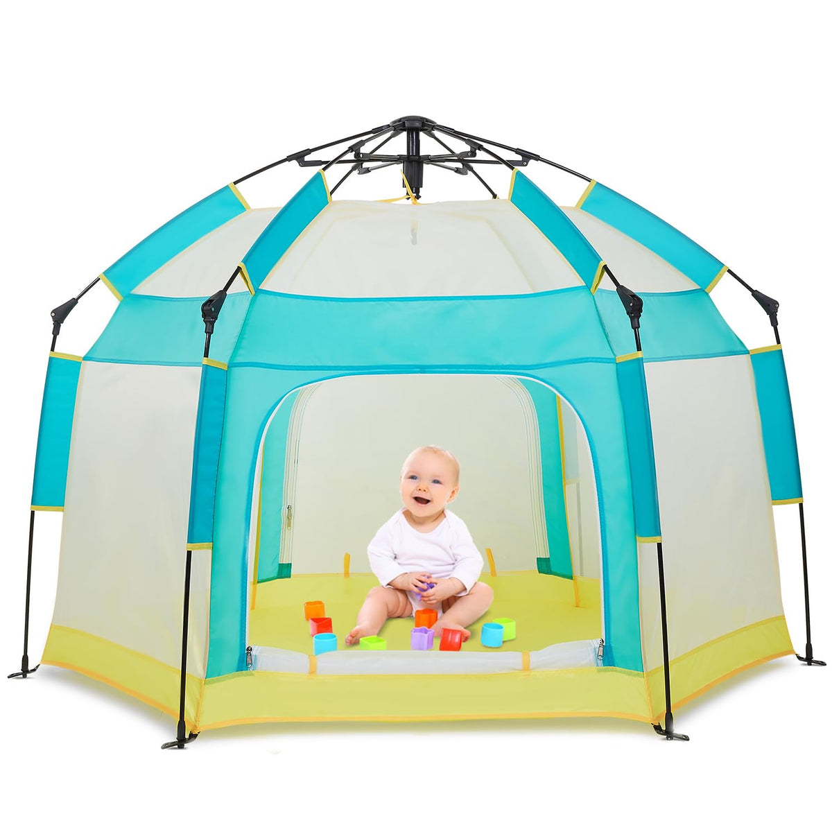 Bend River Baby Playpen canopy setup protects infant from sun during outdoor use.