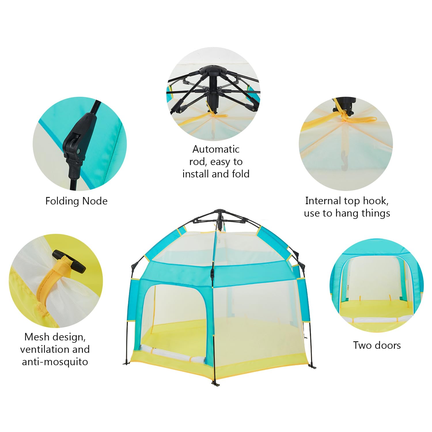 Bend River Baby Playpen shows mesh walls for air flow and parent monitoring.