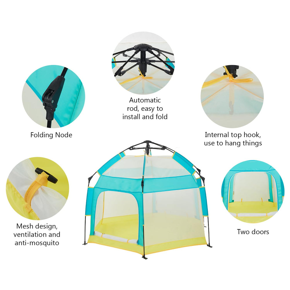Bend River Baby Playpen shows mesh walls for air flow and parent monitoring.