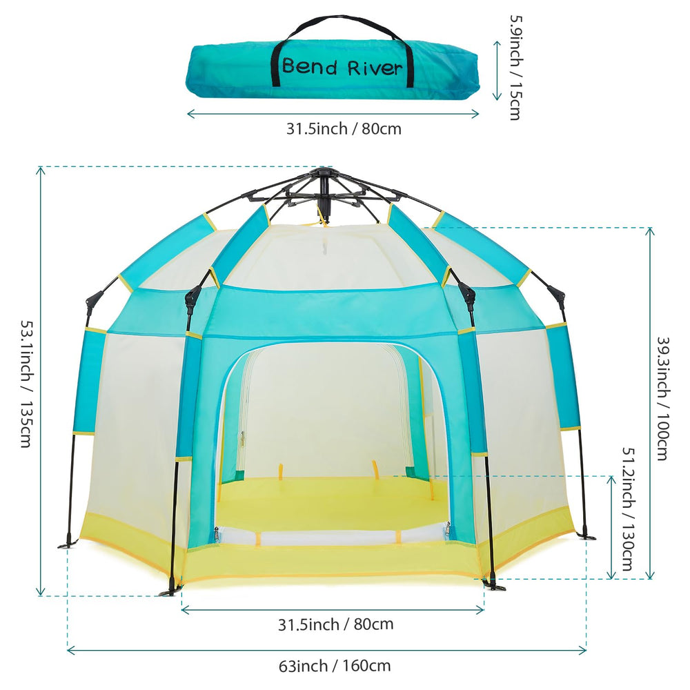 Bend River Baby Playpen outdoor use with open mesh walls provides breeze and visibility.