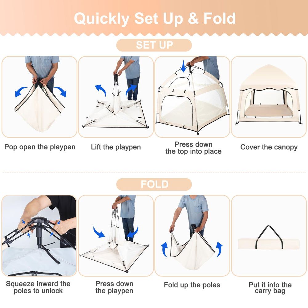 Bend River beige beach-tent-mosquito-net setup protects baby outdoors