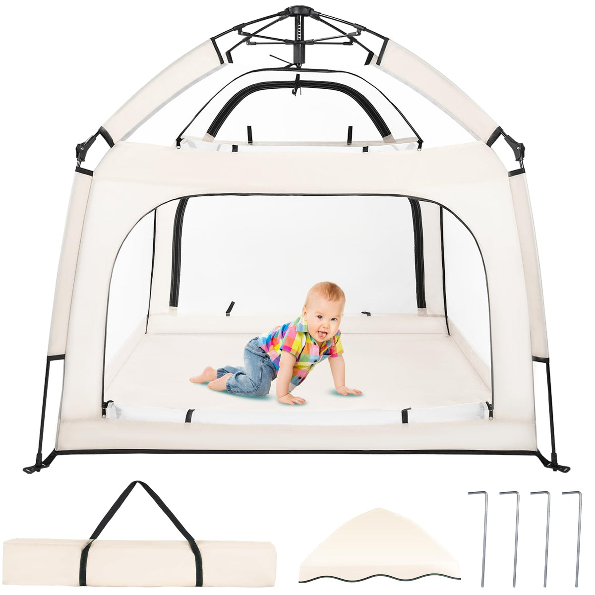 Bend River portable baby playpen beige front view with safe mesh and canopy protection