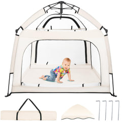 Bend River portable baby playpen beige front view with safe mesh and canopy protection