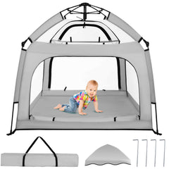 Bend River portable baby playpen canopy offers sun protection during outdoor play.