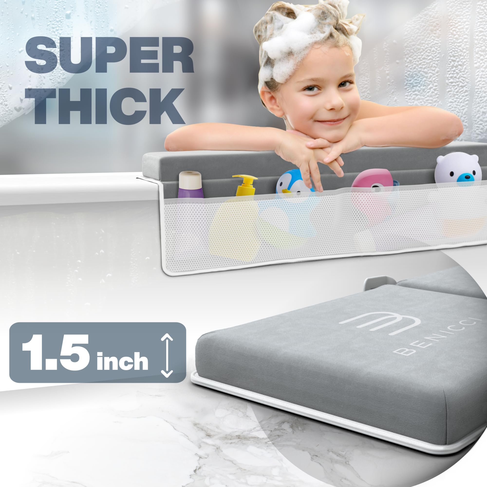 Benicci bath seat folds flat for compact storage after baths