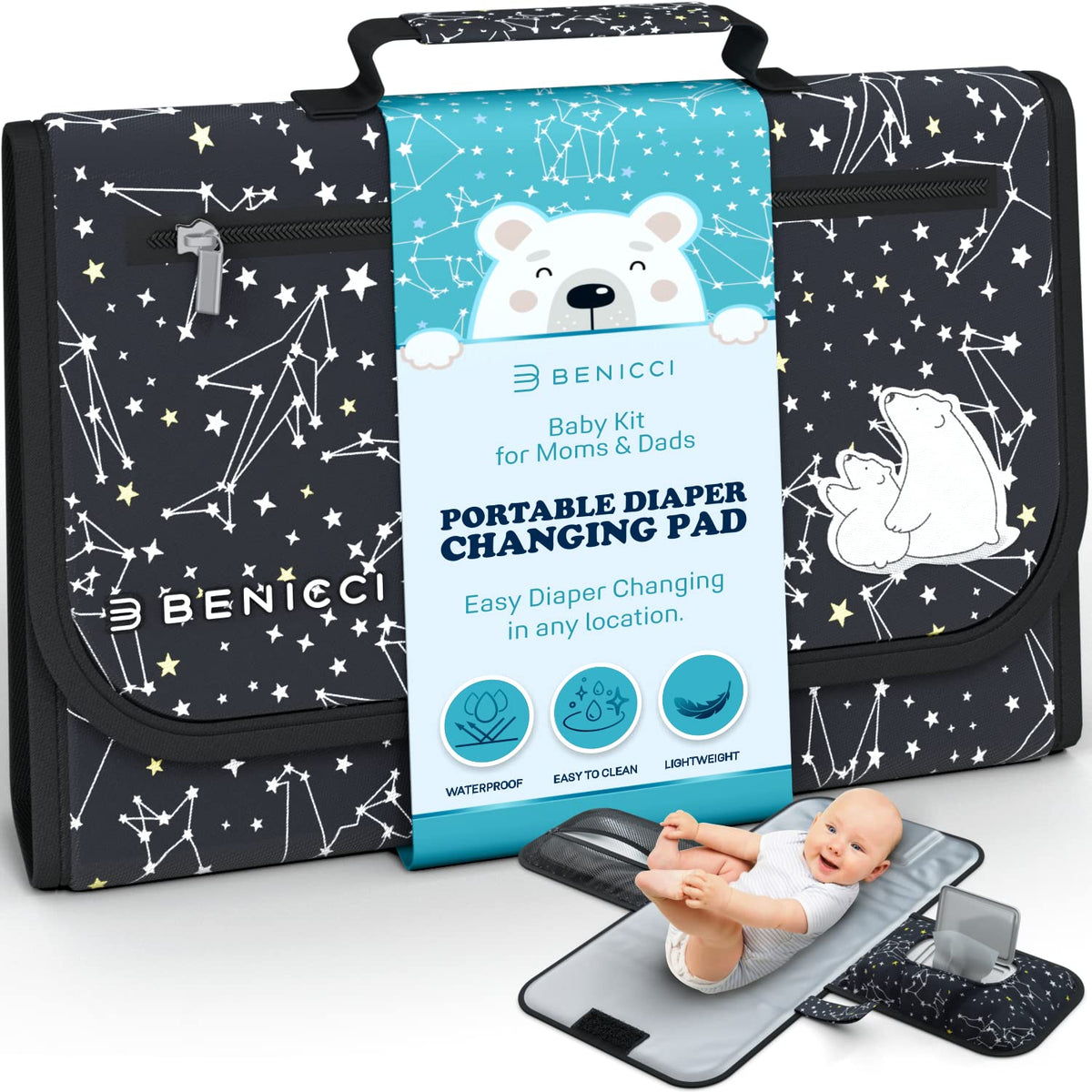 Benicci portable diaper changing pad built-in pillow provides on-the-go head support