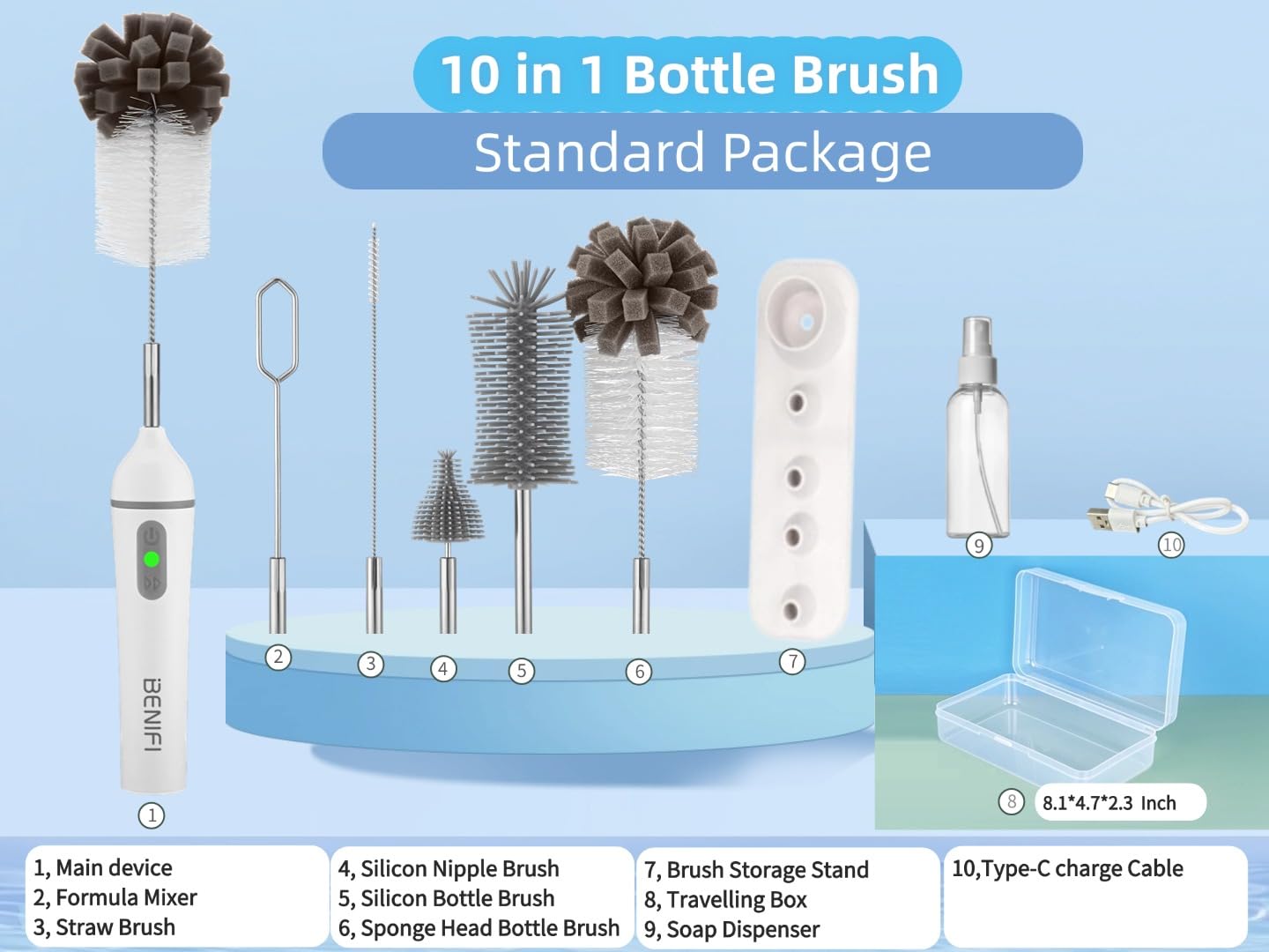 Benifi silicone bottle brushes closeup highlighting gentle bristles for safe, thorough cleaning.