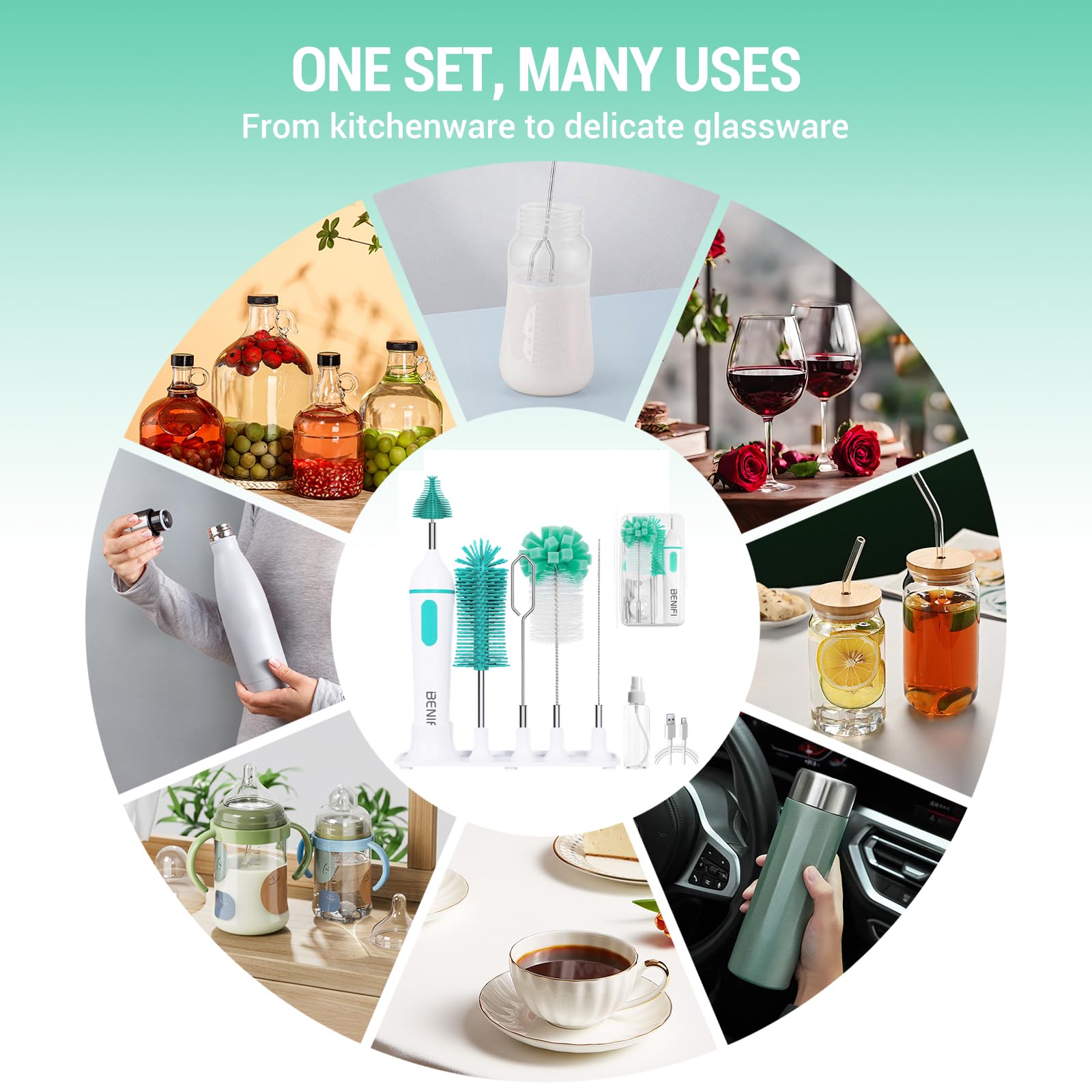 Benifi soap dispenser with nipple and straw brushes for complete prep