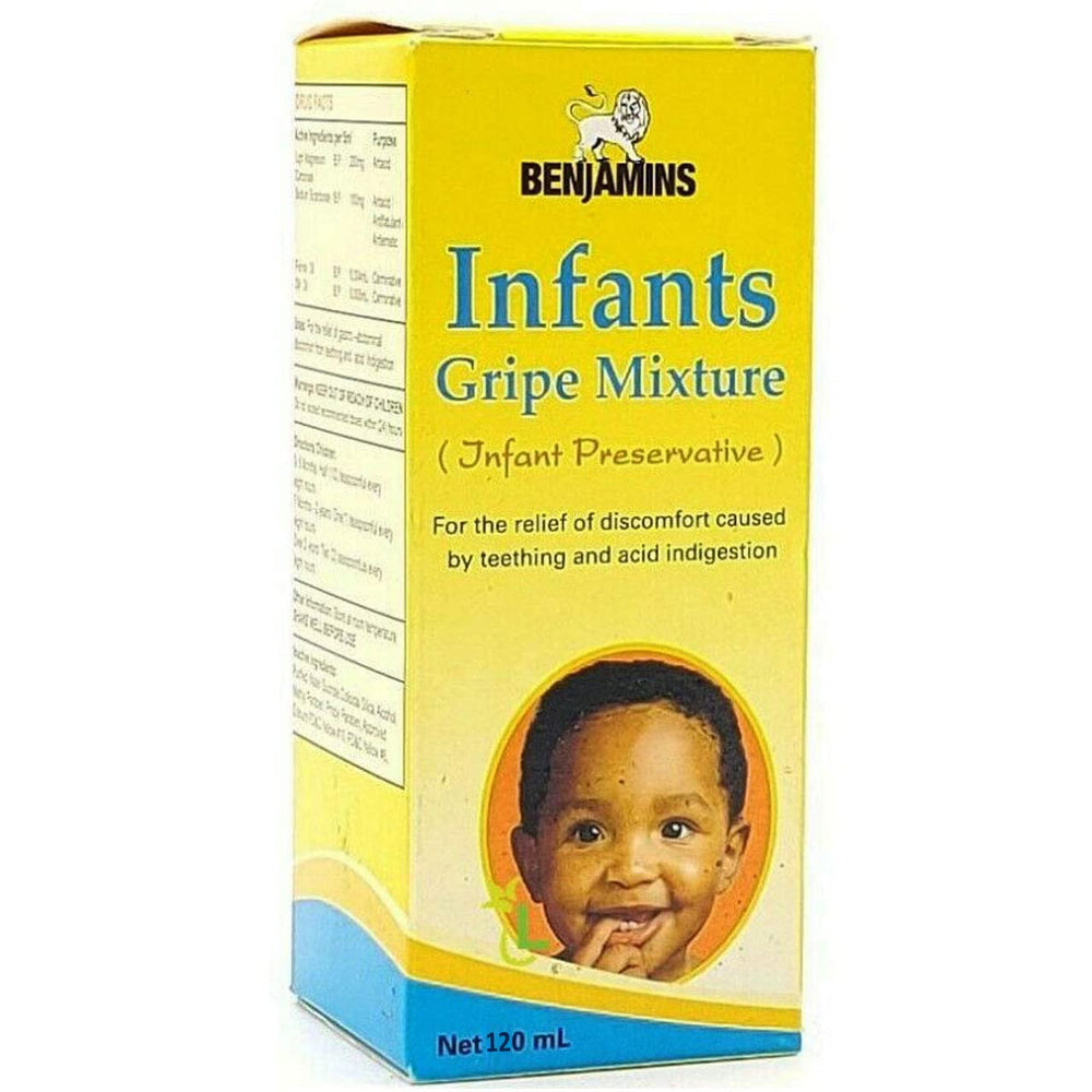 Benjamin's Infants Gripe Water bottle image shows gentle gas relief for babies.
