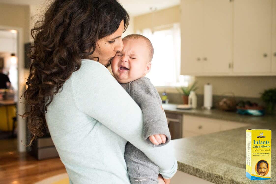 Benjamin's Infants Gripe Water label showcases gluten-free, alcohol-free formula for safe use.