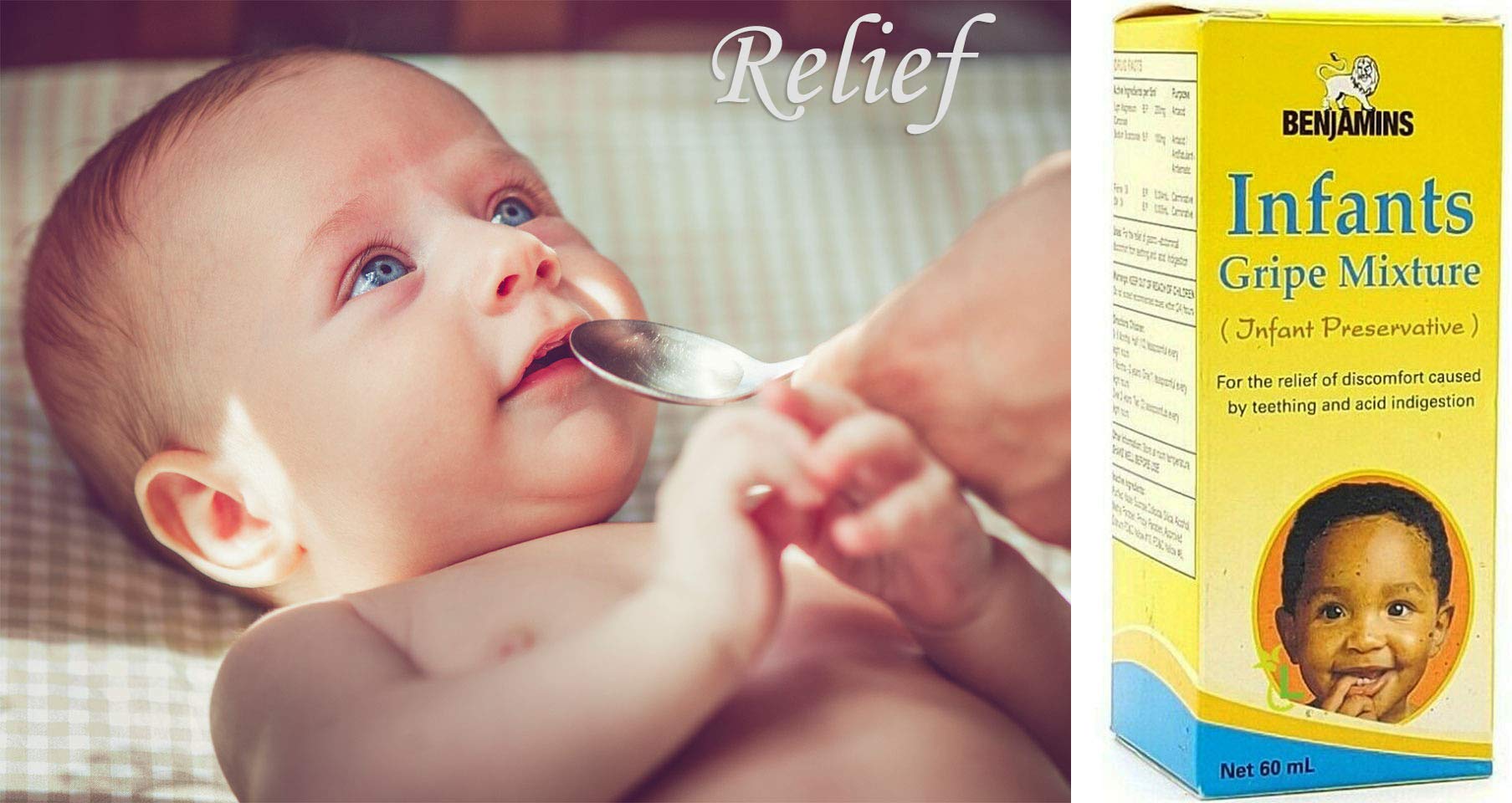 Benjamin's Infants Gripe Water pour demonstrates easy dosing for teething and hiccups.