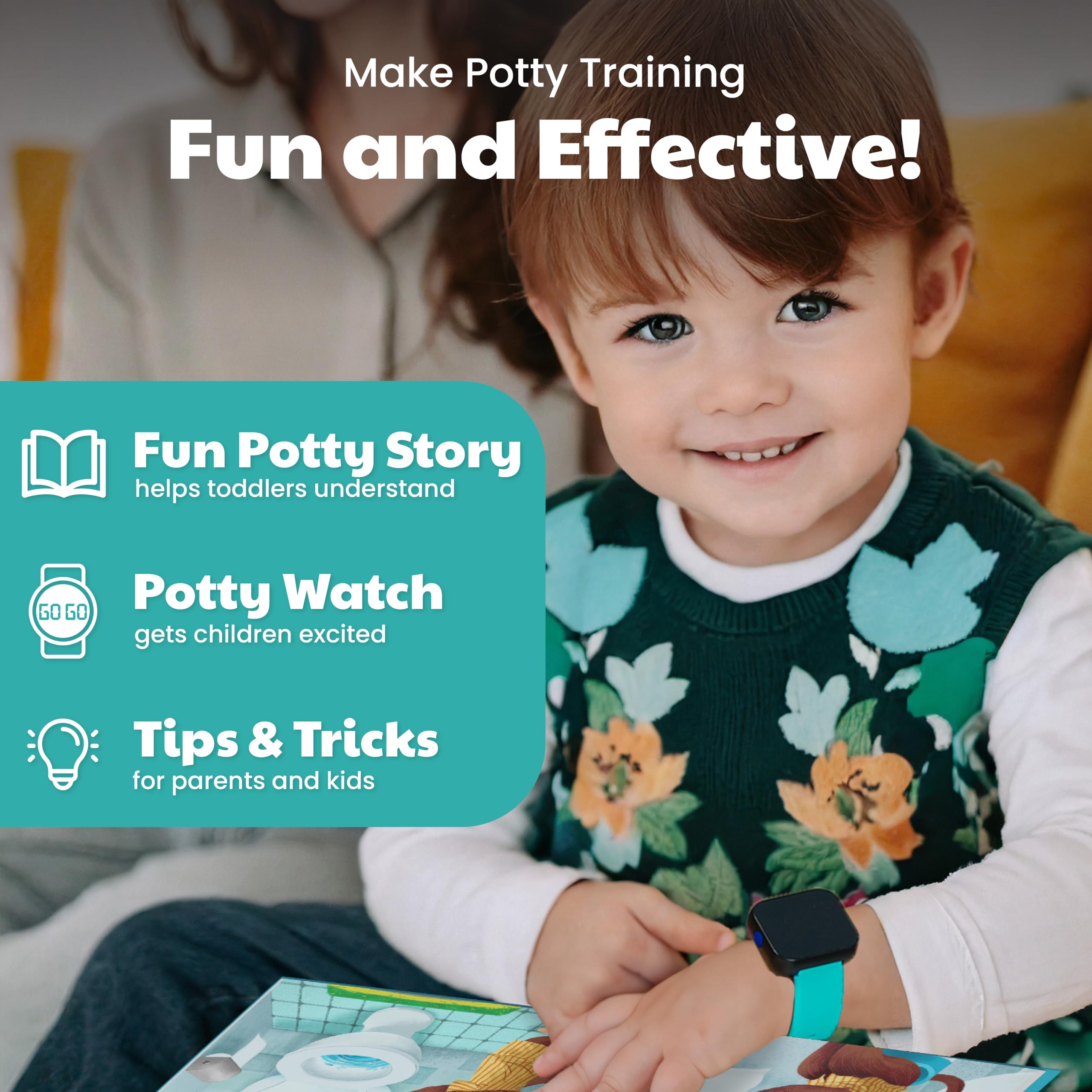 Benny Bradley's Potty Board Book turquoise spread encouraging milestones for early potty training.