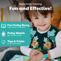 Benny Bradley's Potty Board Book turquoise spread encouraging milestones for early potty training.