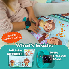 Benny Bradley's Potty Watch turquoise shown in music reminder mode for attentive playtimes.