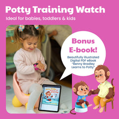 Benny Bradley's Potty Training Watch displays a musical reminder for routines.