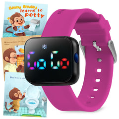Benny Bradley's Potty Training Watch worn on a toddler's wrist in magenta helps establish reminders.