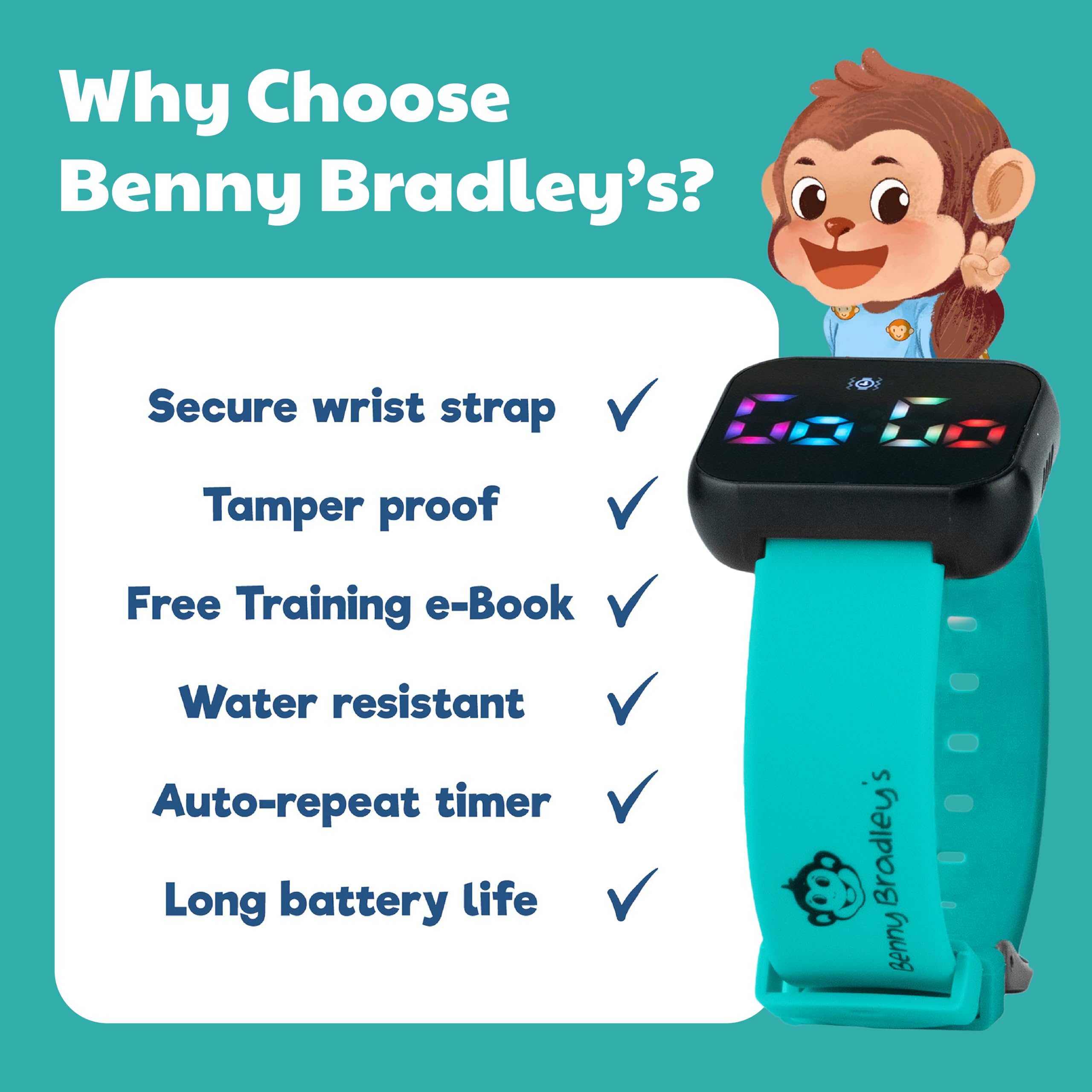 Benny Bradley's Potty Watch toddler wrist strap close-up showing secure non-toxic silicone