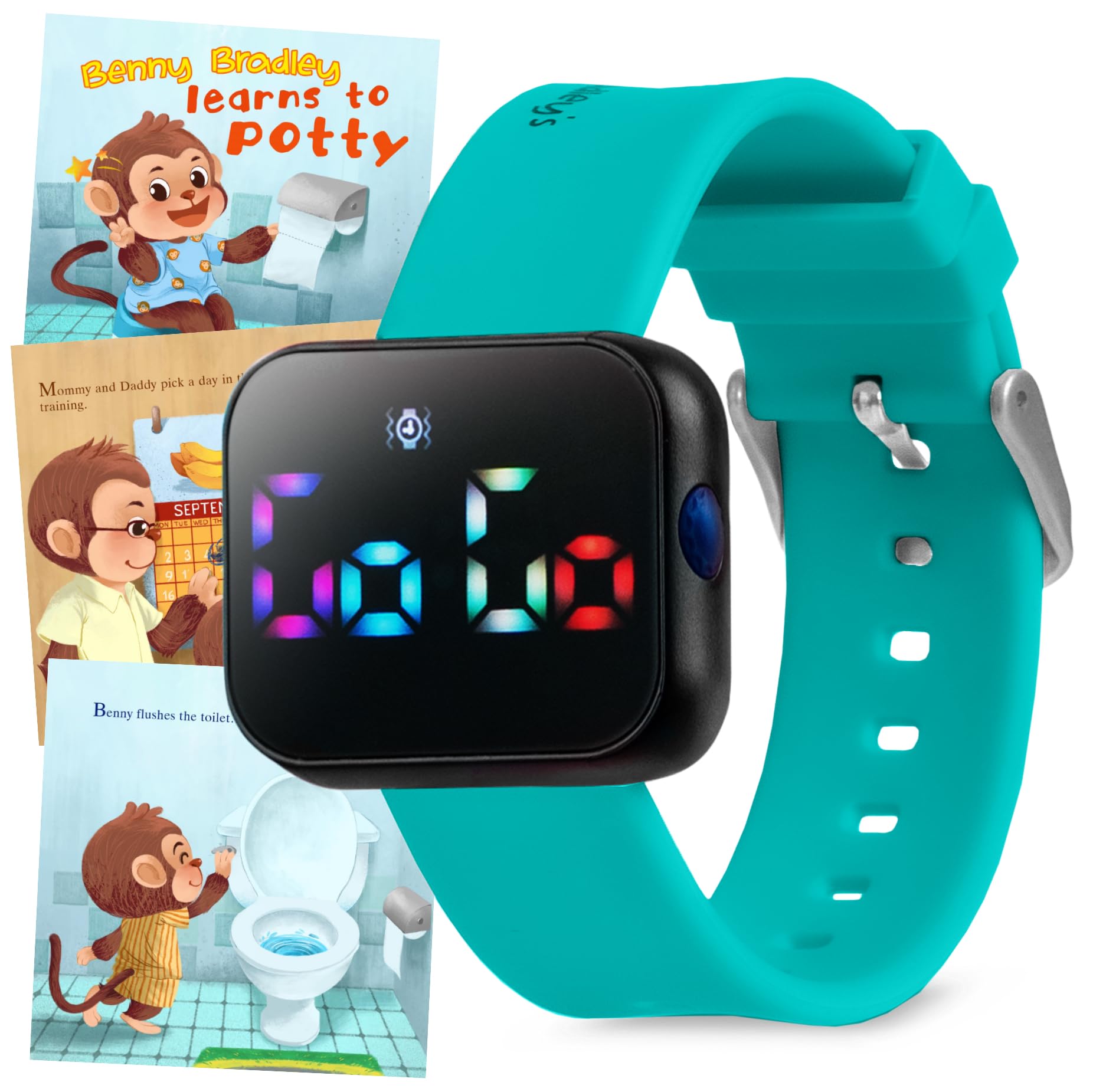 Benny Bradley's Potty Watch turquoise front view showing kid-friendly design for potty reminders