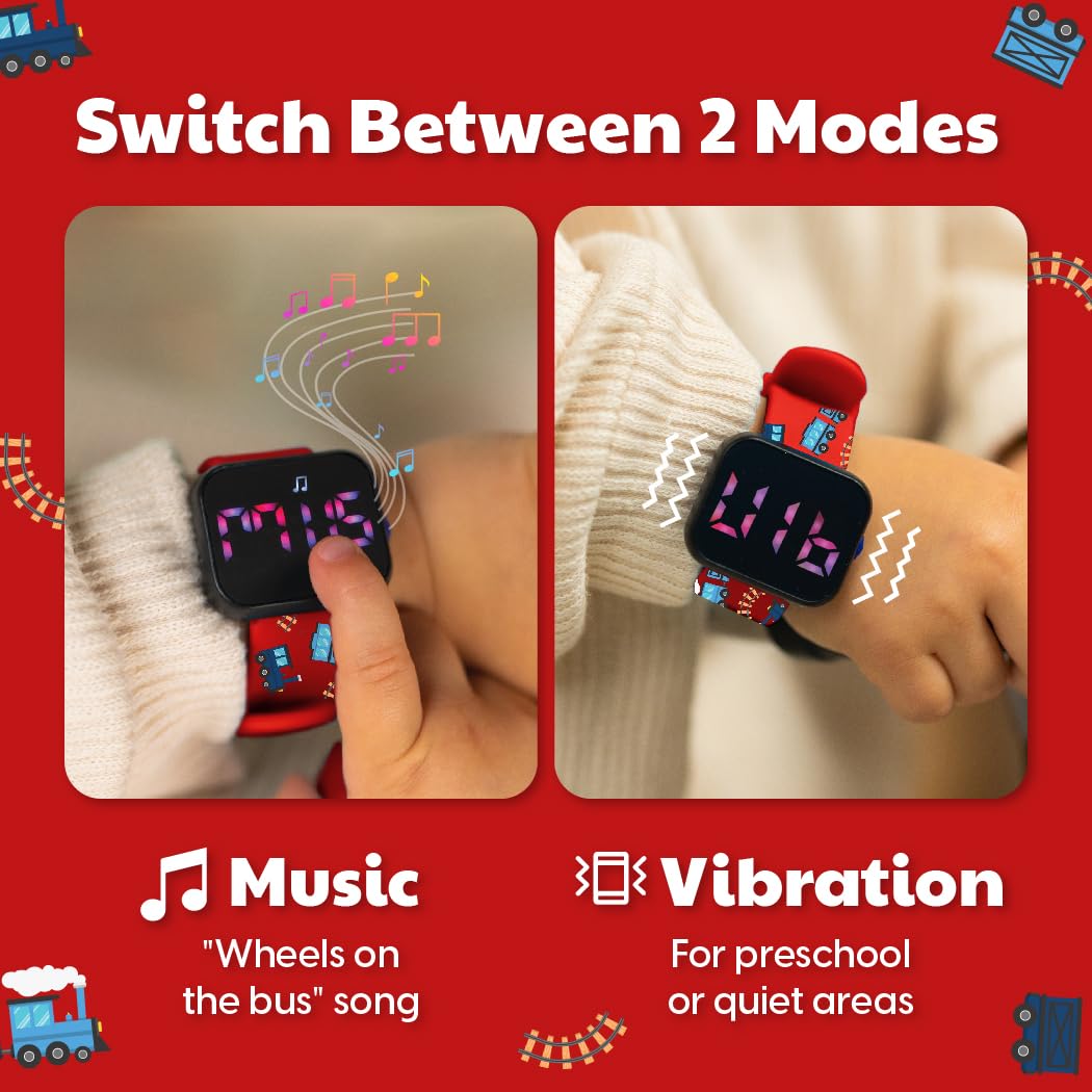 Benny Bradley's Potty Watch V2 secured with toddler-friendly buckle strap for active kids.