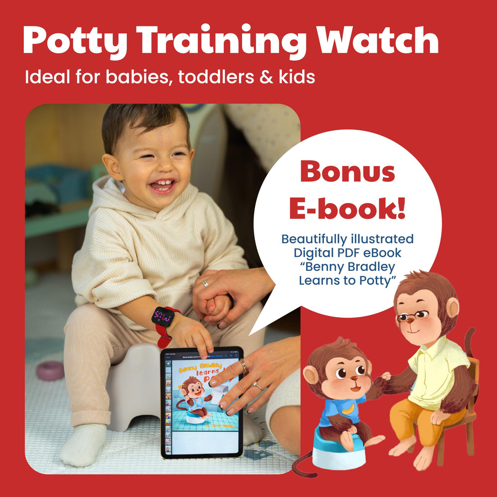 Benny Bradley's Potty Watch V4 crimson wrist-band keeps the watch secure during active play
