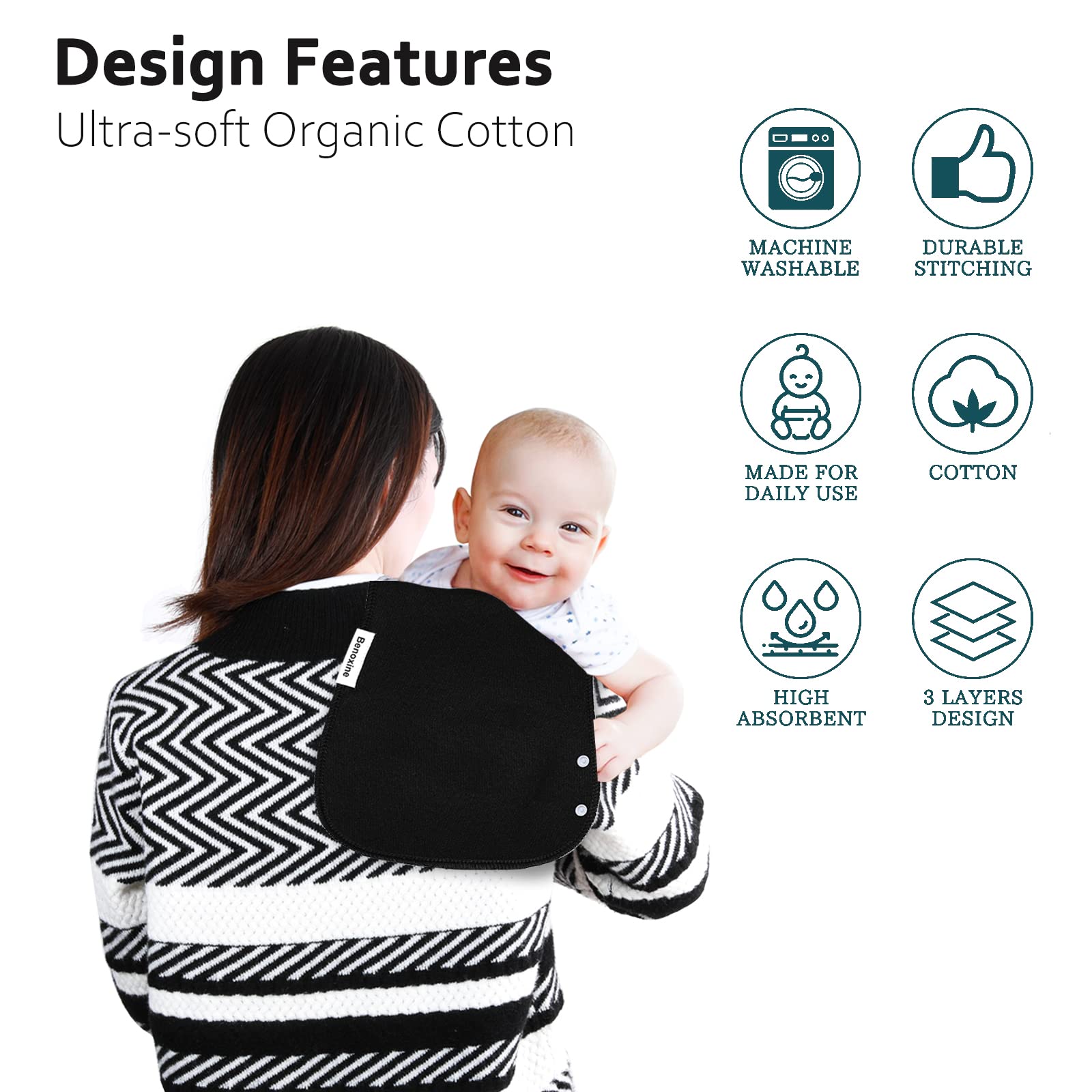 Benoxine burp cloth curved design stays in place.