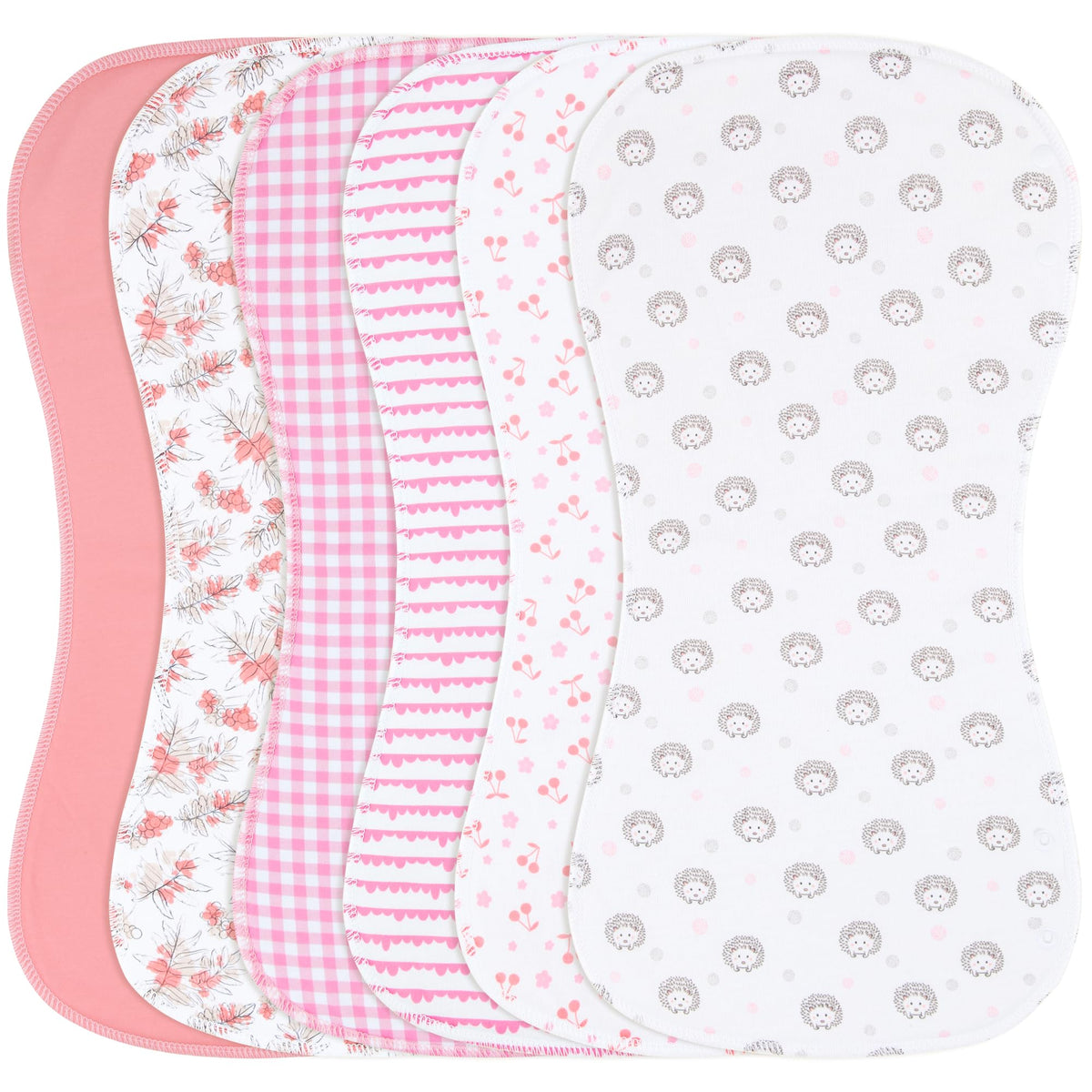 Benoxine six-pack burp cloths with stylish prints protect clothes during feeds