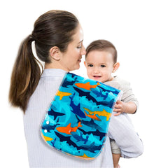 Benoxine large curved burp cloth showing shoulder coverage during feeds.