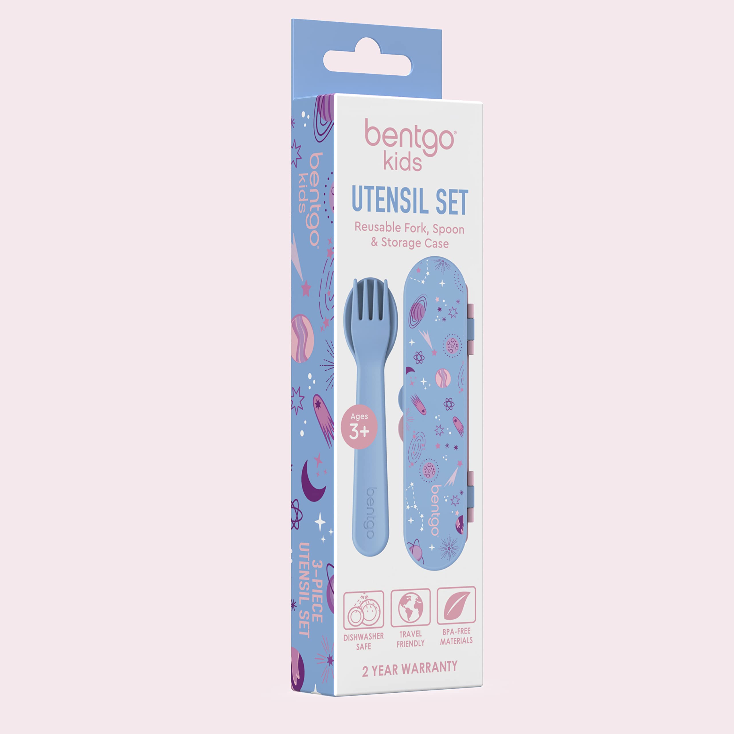 Bentgo Kids lavender galaxy utensils ready to drop into a lunchbag