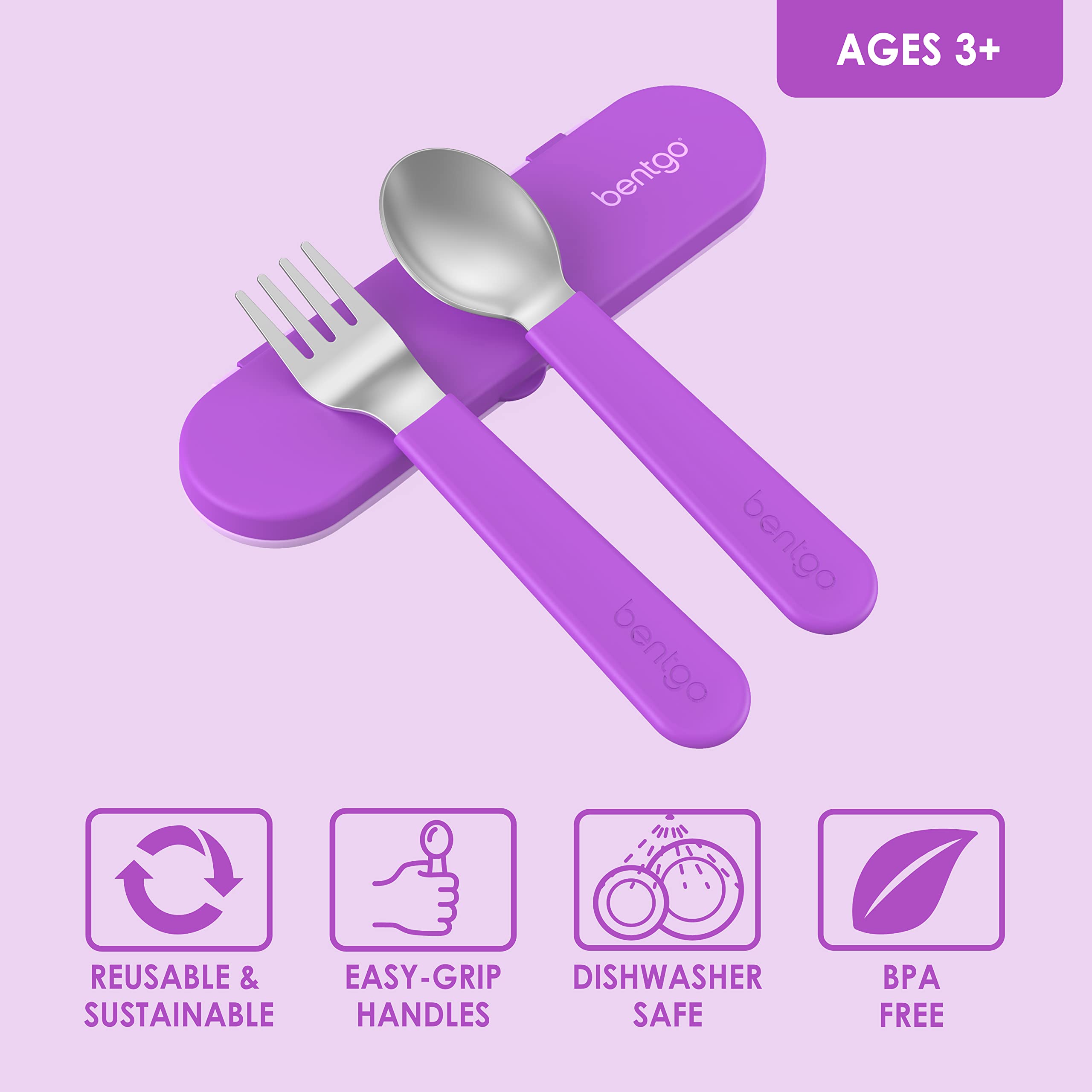 Bentgo Kids slim storage case purple keeps utensils organized for travel.