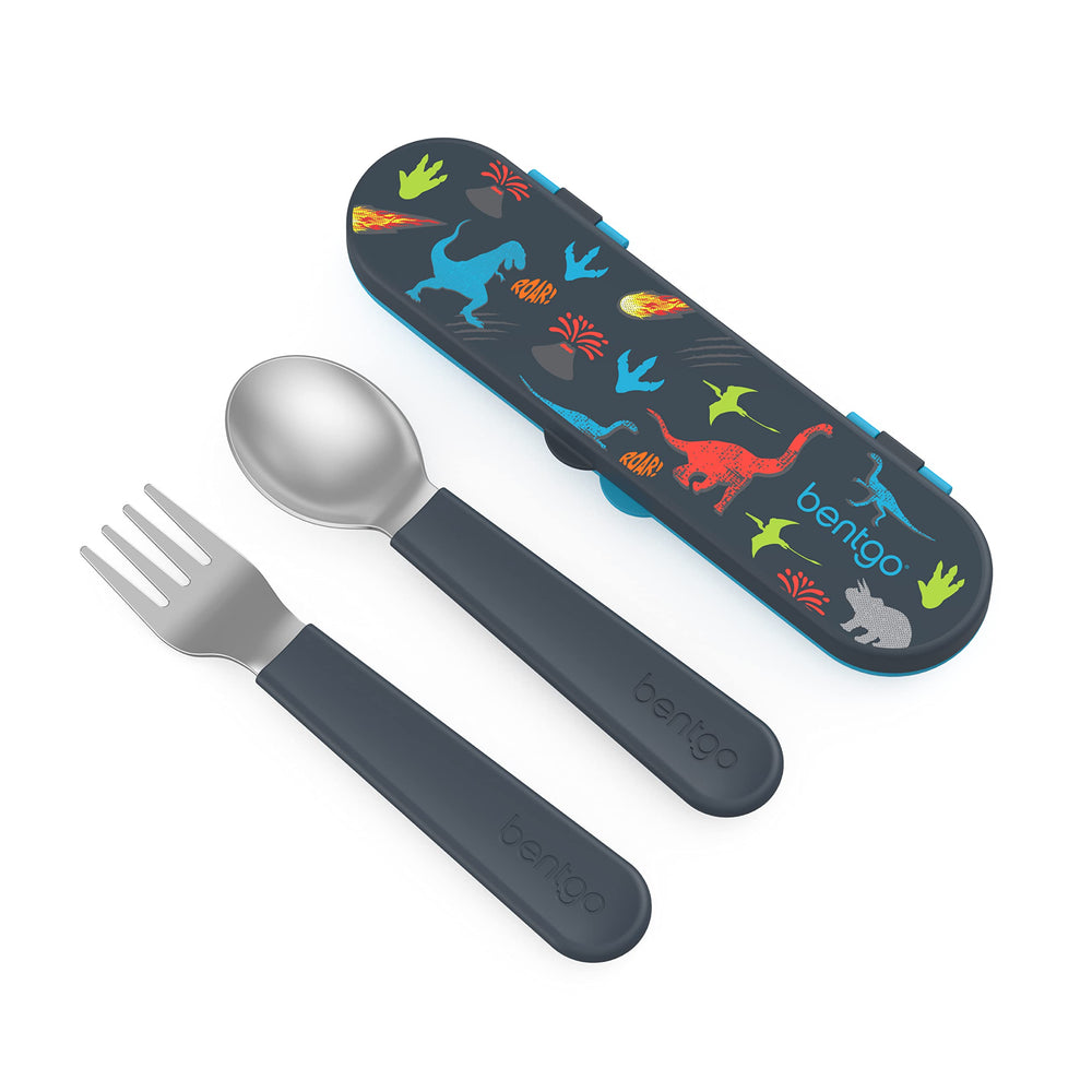 Bentgo Kids dinosaur case with easy-grip utensils for school lunches