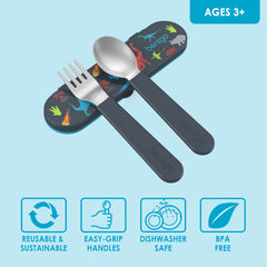 Bentgo Kids dinosaur-fork handle demonstrates durable stainless steel for daily meals