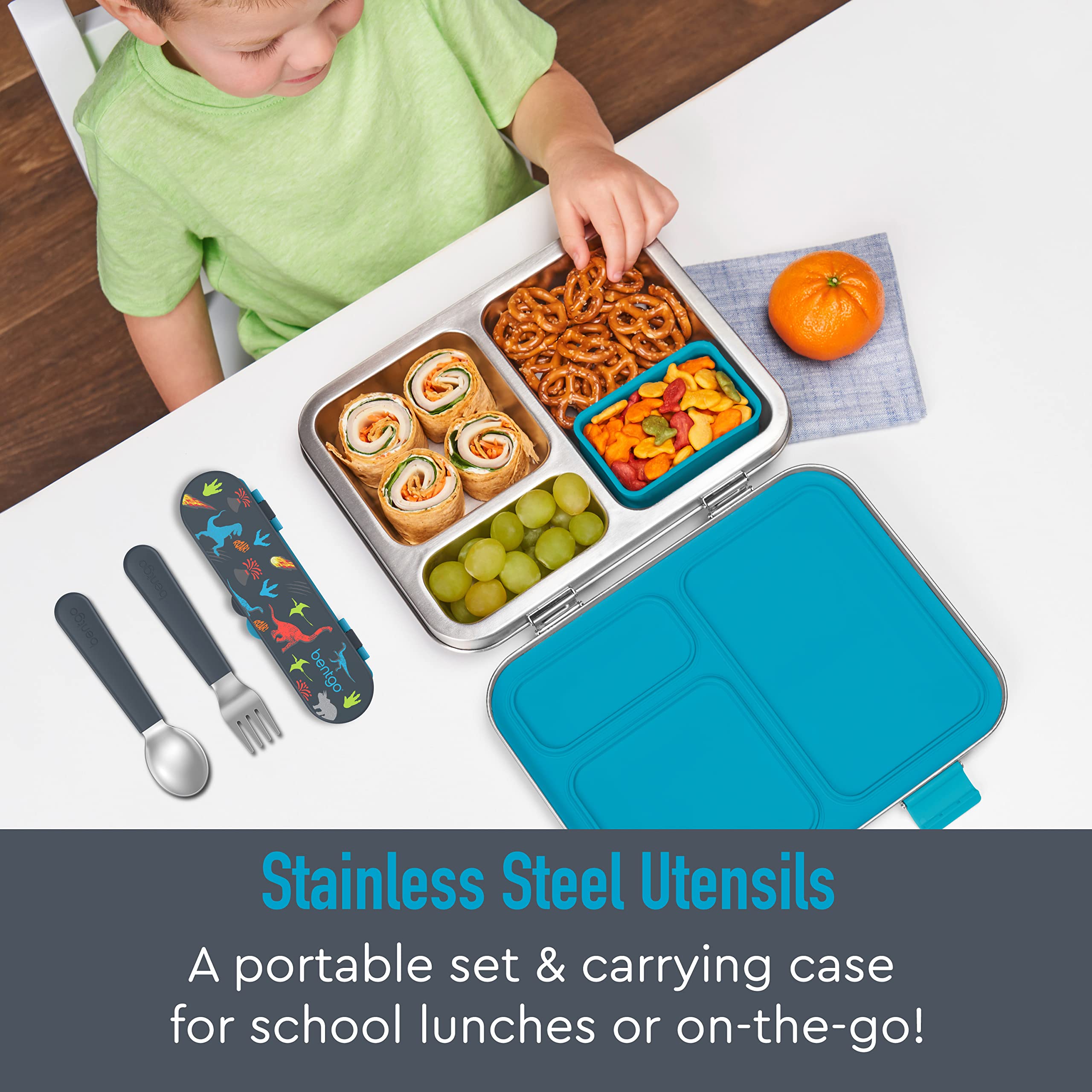 Bentgo Kids spoon closeup showing ergonomic silicone handle for small hands