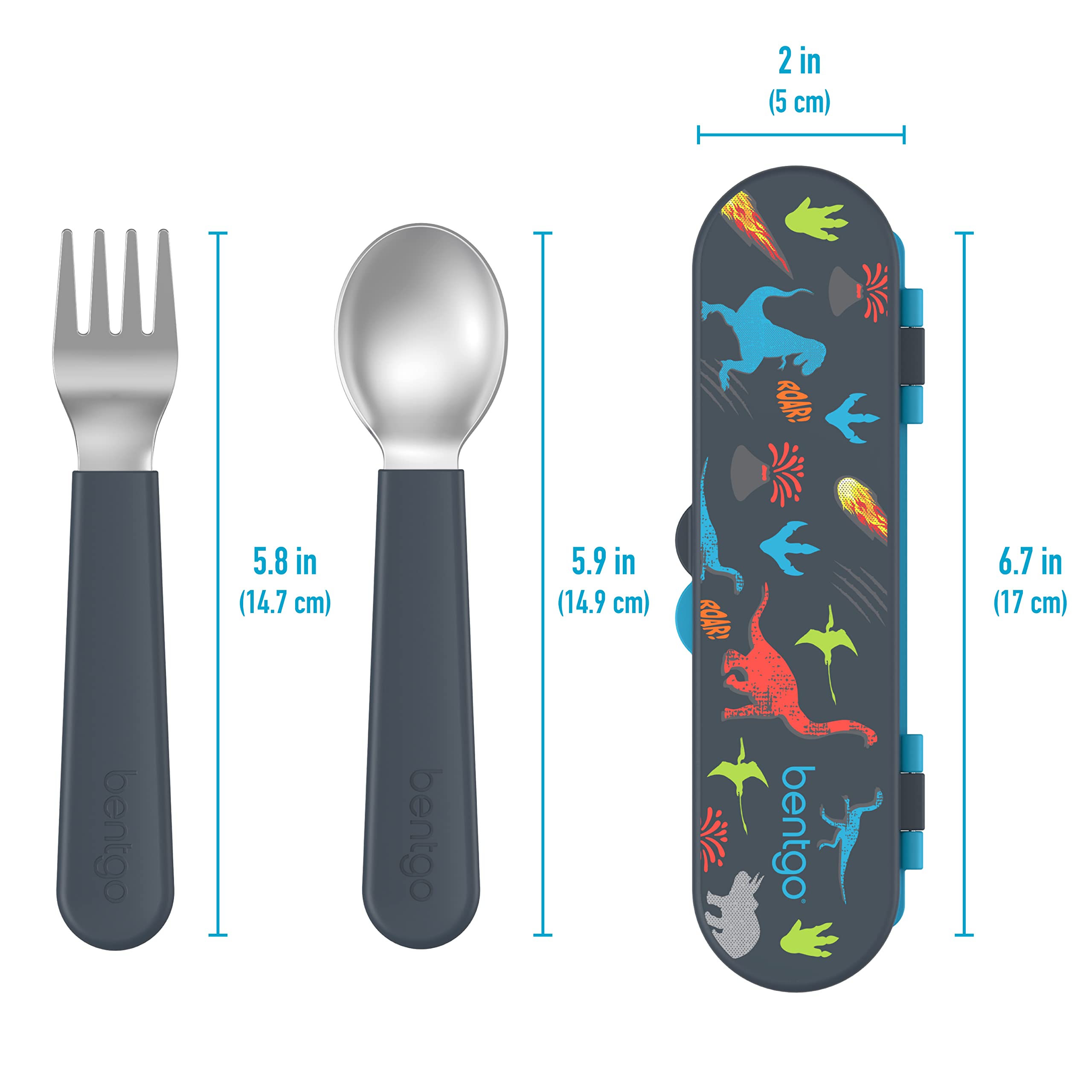 Bentgo Kids dinosaur travel pack keeps utensils organized during outings
