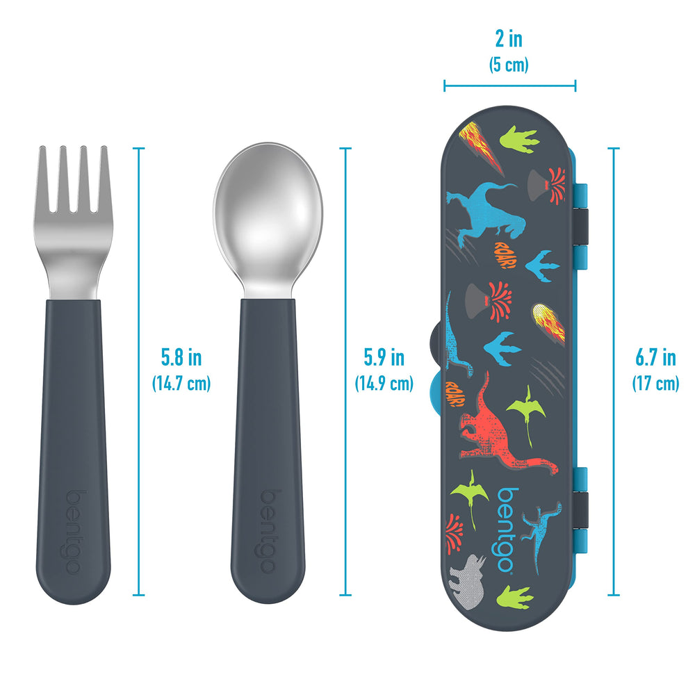 Bentgo Kids dinosaur travel pack keeps utensils organized during outings