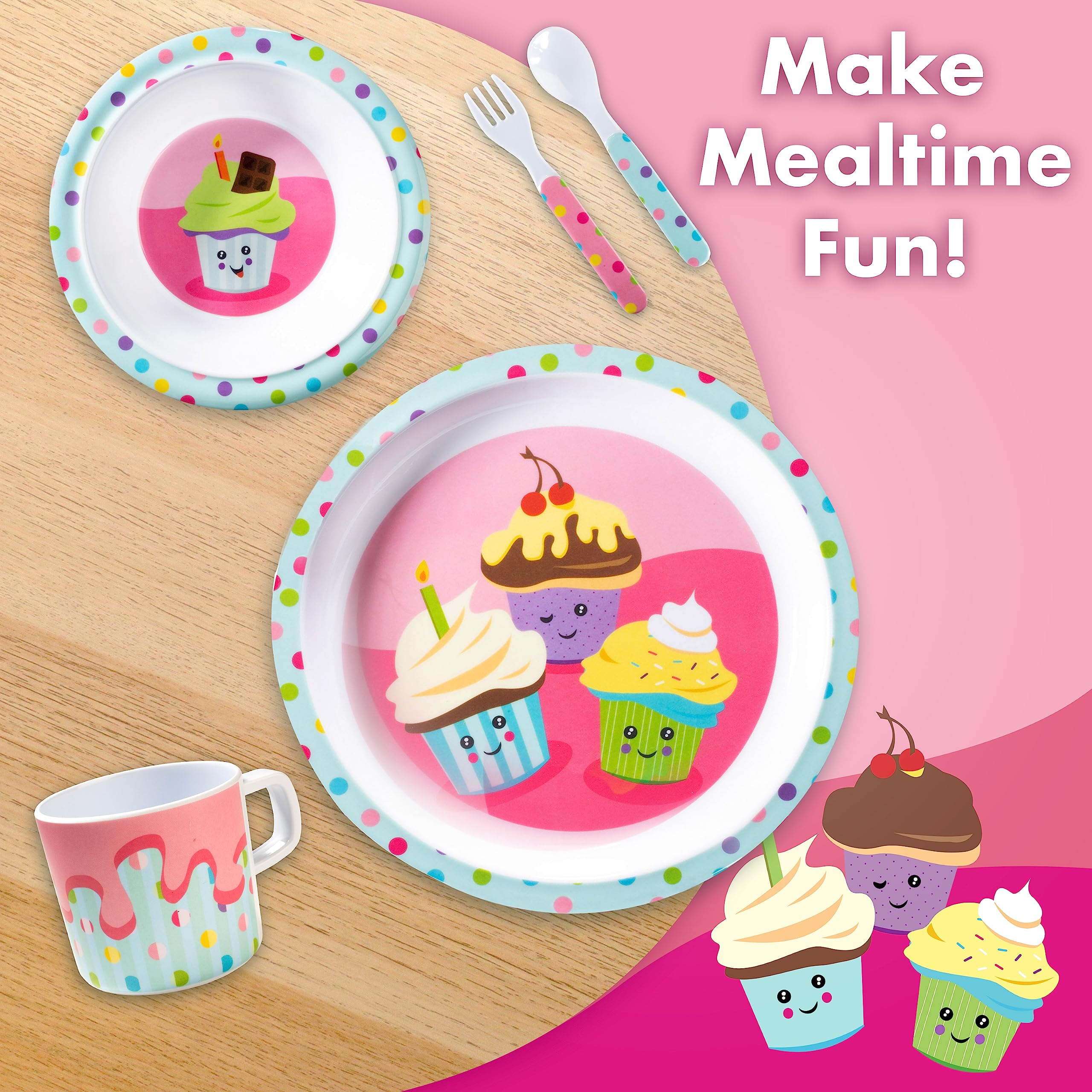 Bentology Cupcake Mealtime Dish Set features durable BPA-free plastic in playful design.