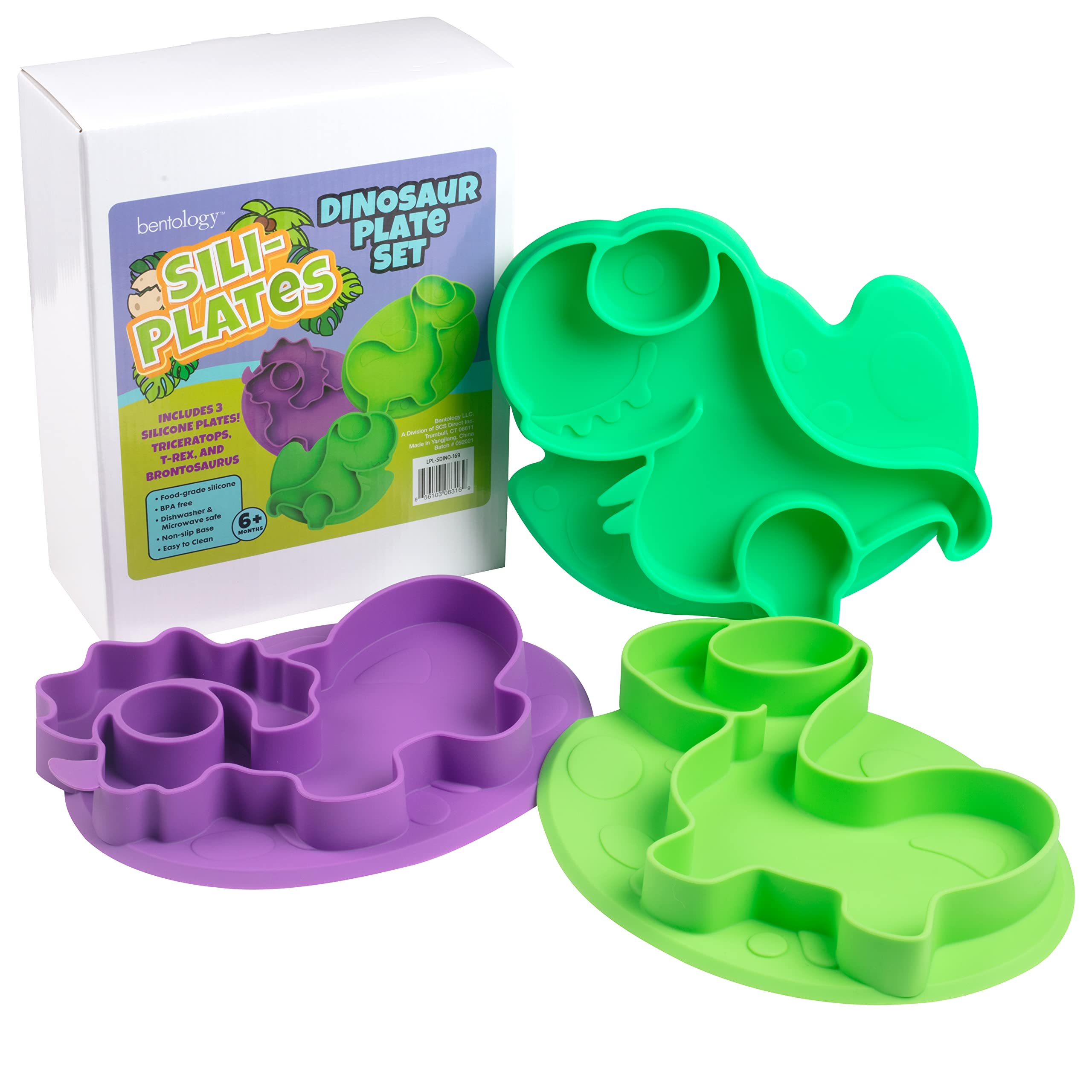 Bentology Dino Plates non-slip base keeps plates steady during toddler mealtime.