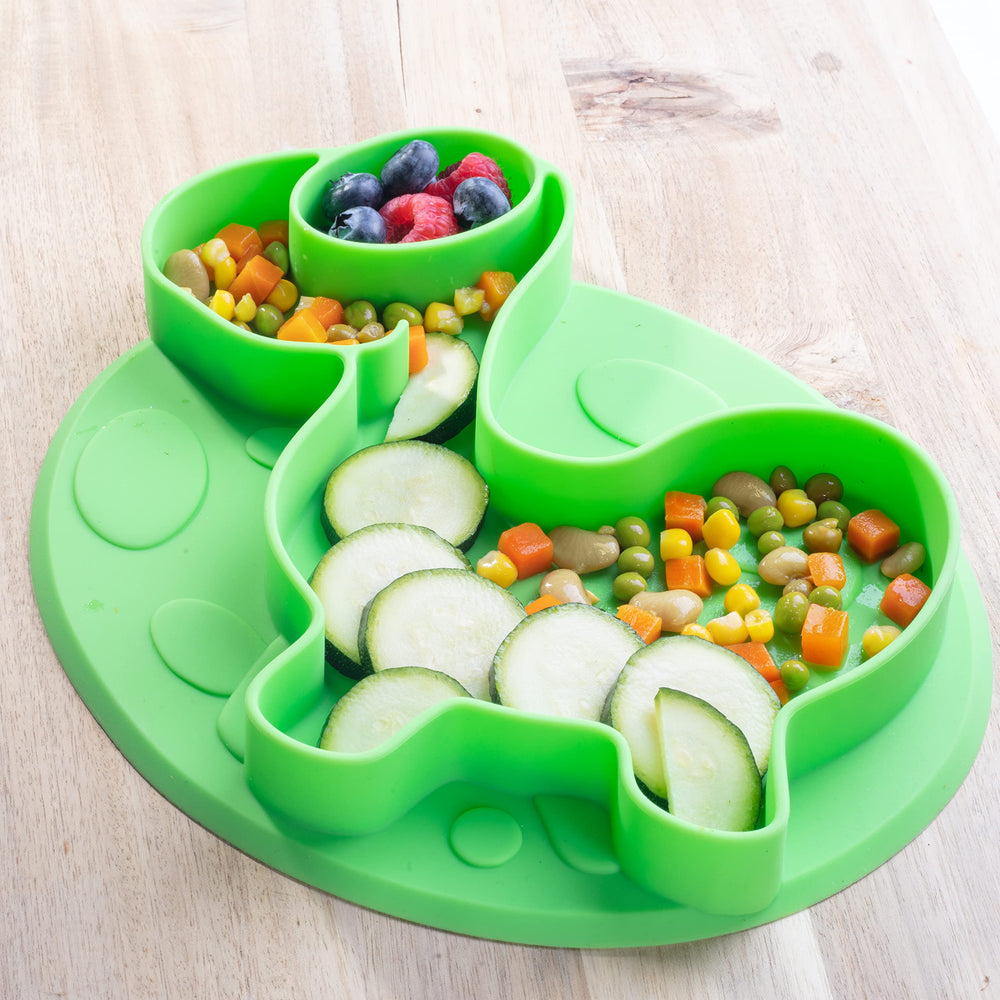 Bentology Dino Plates with Triceratops design helps organize meals for picky eaters.