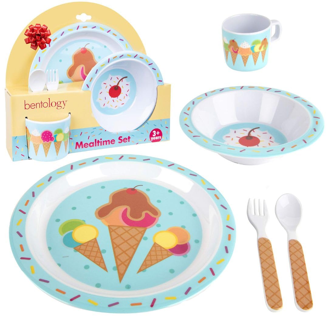 Bentology ice cream plate with raised edge supports self-feeding.
