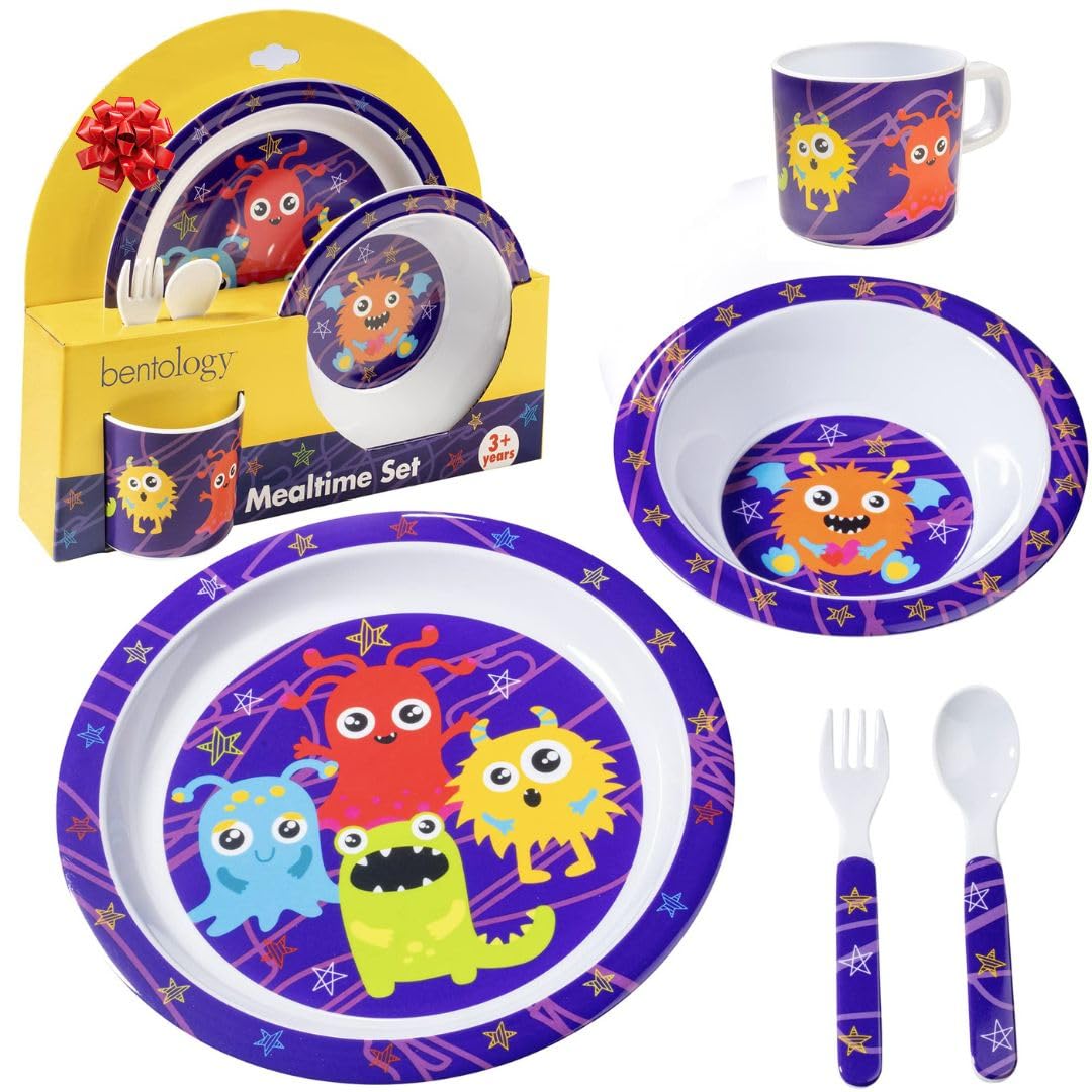Bentology Monster Mealtime Set plate with raised edge aids self-feeding for toddlers.