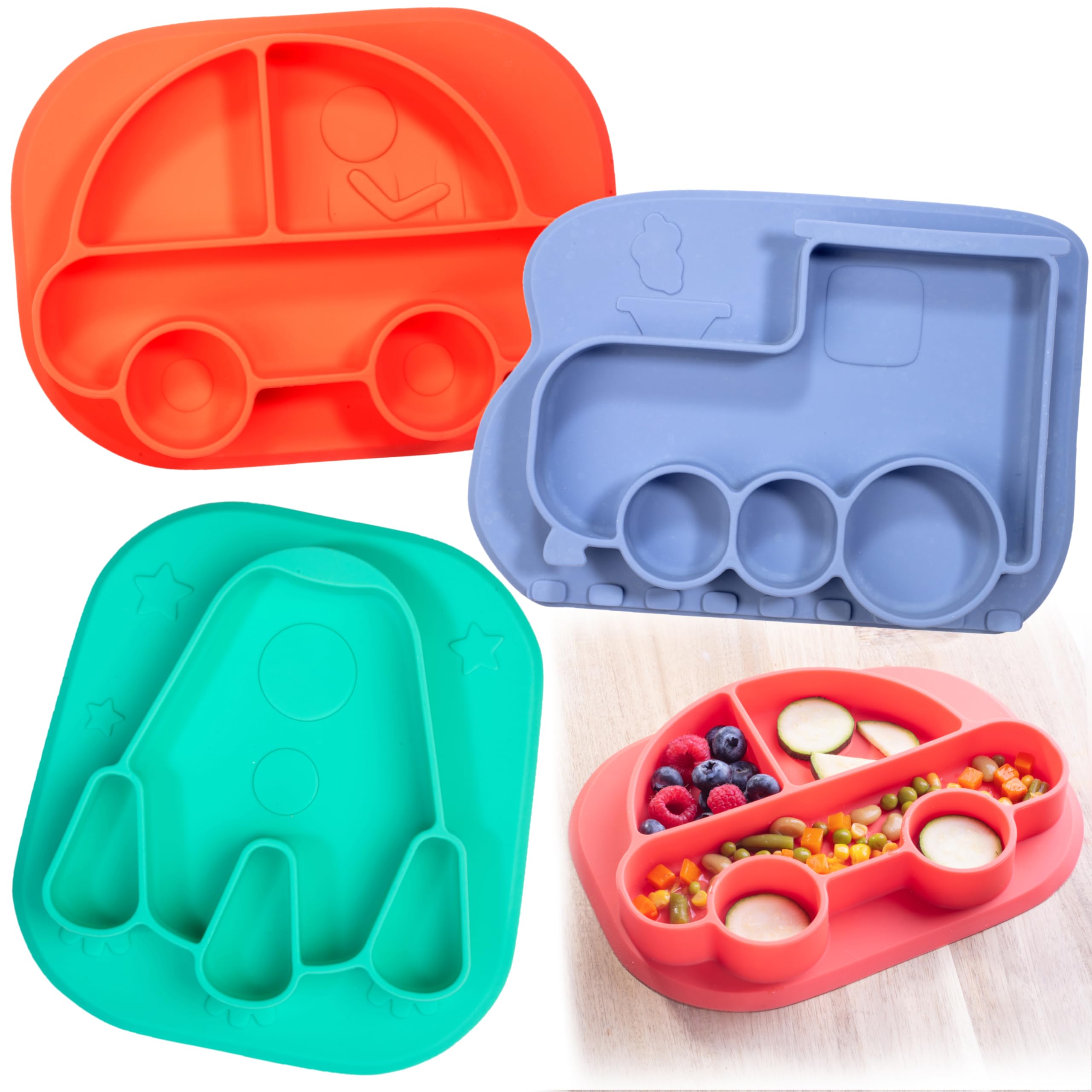 Bentology car-design toddler plate with non-slip base promotes balanced meals and less mess.