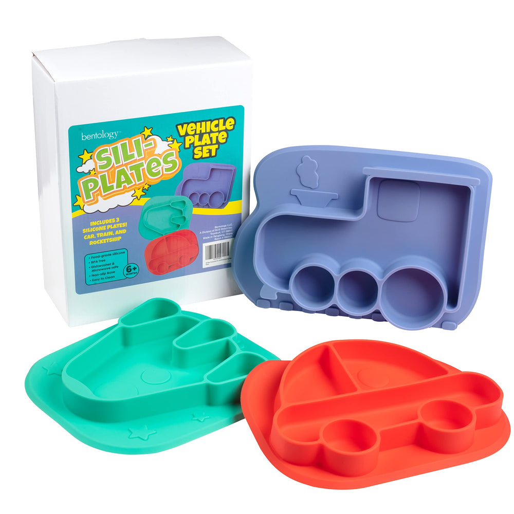 Bentology kids-eating scene with silicone plate highlights durable dishwasher-safe convenience.