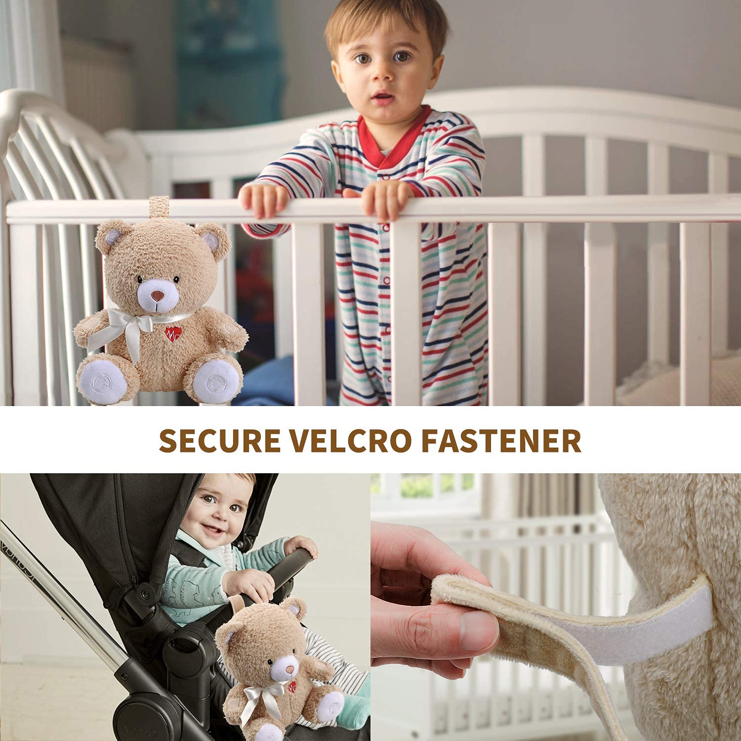 Berest crib strap keeps the toy securely within reach on the cot.