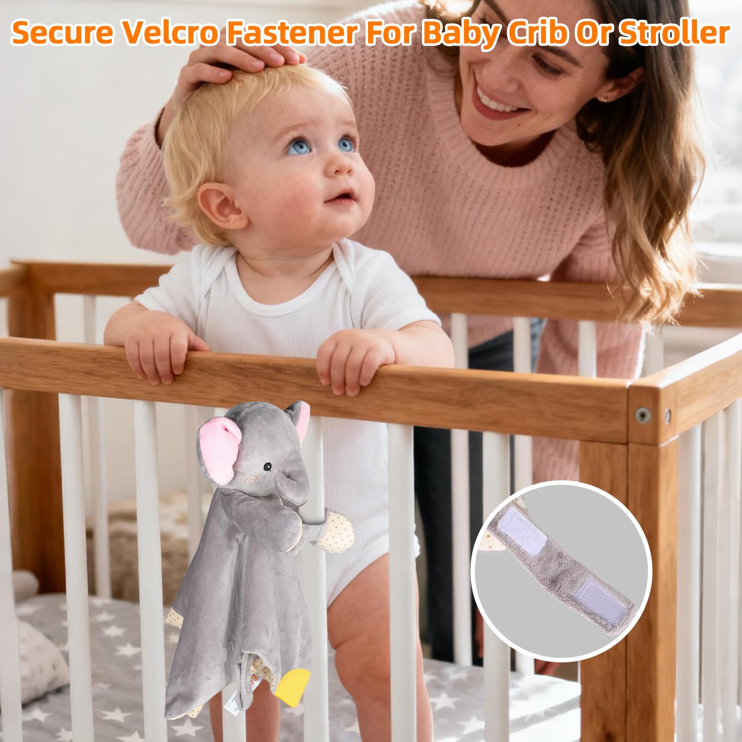 BEREST Elephant Lovey Velcro attachment secures to crib.
